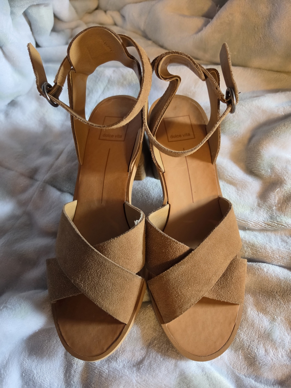 Dolce Vita Tan Suede Crisscross Ankle-Strap Block Heels
